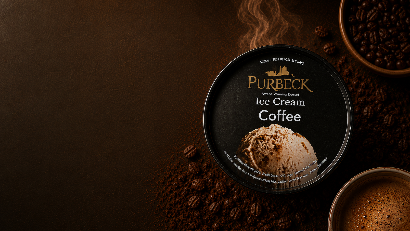 Image Plain Lid view of a Purbeck Ice Cream Coffee on a brown surface.